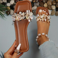 Women's Rhinestone Flower Slide Sandals Square Toe Flat Shoes