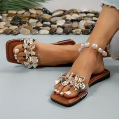Women's Rhinestone Flower Slide Sandals Square Toe Flat Shoes