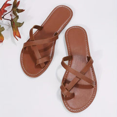 Women's Toe Loop Flat Slippers Roman Style Non Slip Slides Shoes