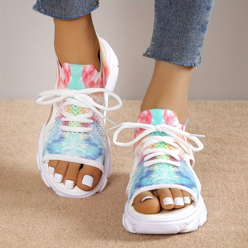 Women's Tie Dye Sports Sandals Peep Toe Lace Up Cut out Slip On Shoes
