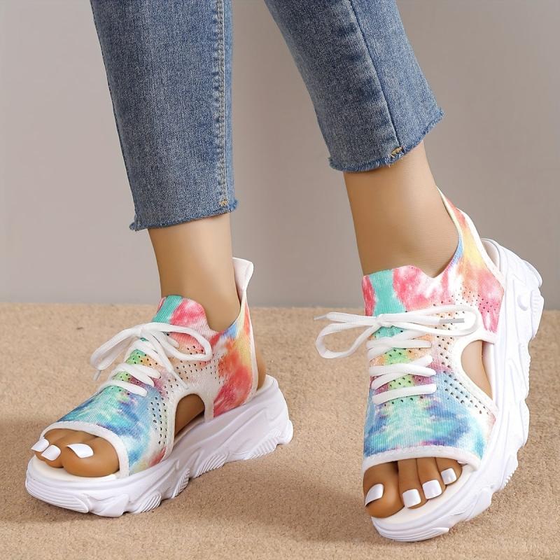 Women's Tie Dye Sports Sandals Peep Toe Lace Up Cut out Slip On Shoes
