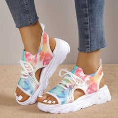 Women's Tie Dye Sports Sandals Peep Toe Lace Up Cut out Slip On Shoes