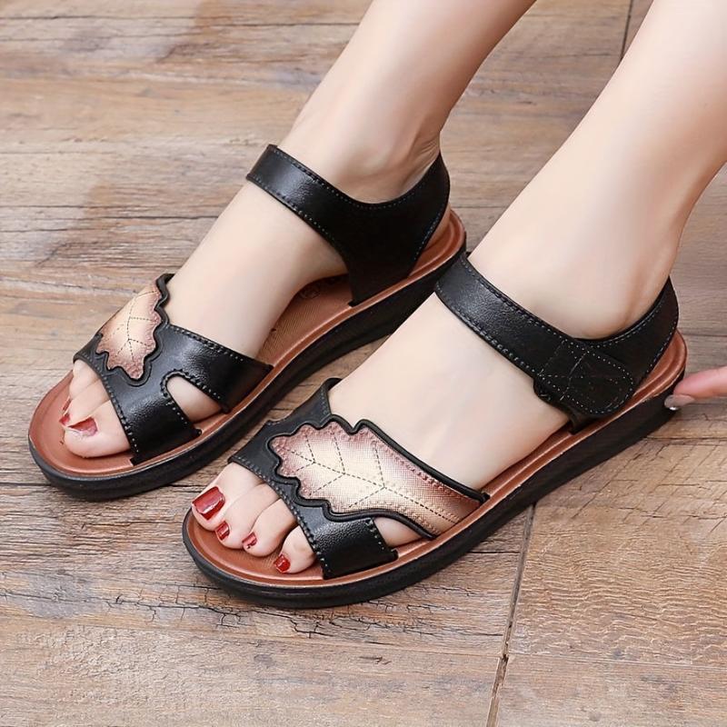 Women's Leaf Pattern Flat Sandals Hook & Loop Strap Shoes