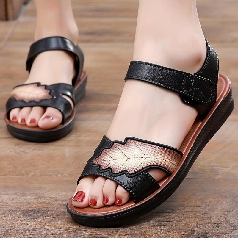 Women's Leaf Pattern Flat Sandals Hook & Loop Strap Shoes
