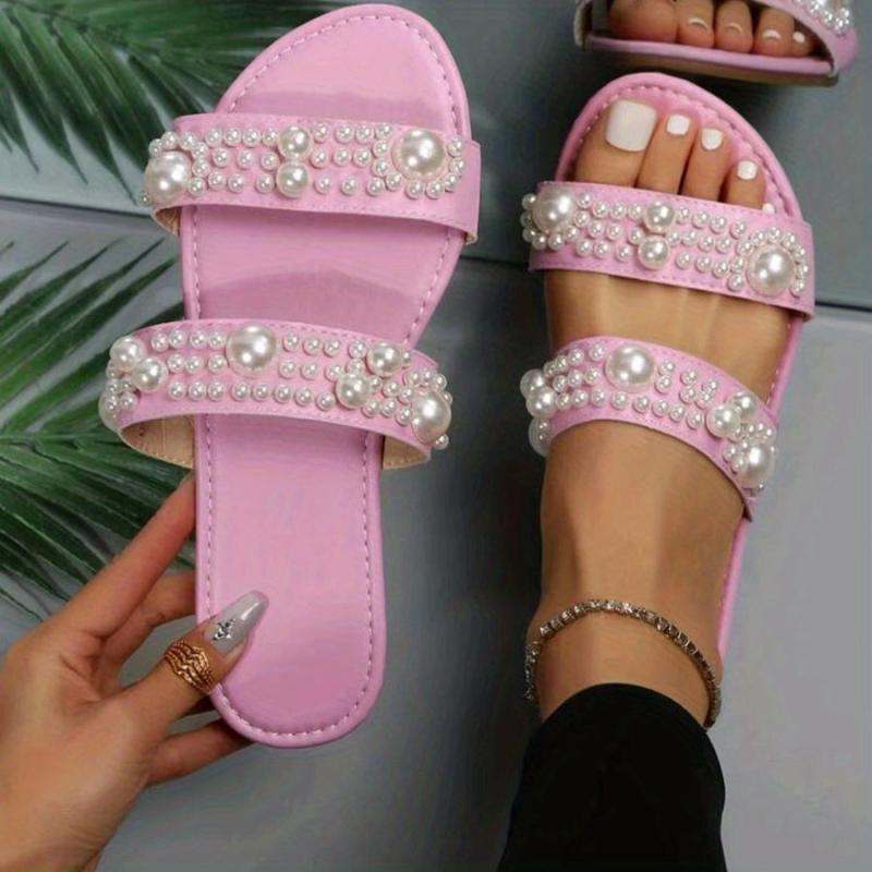 Women's Faux Pearl Flat Slides Double Band Open Toe Non Slip Shoes
