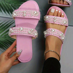 Women's Faux Pearl Flat Slides Double Band Open Toe Non Slip Shoes