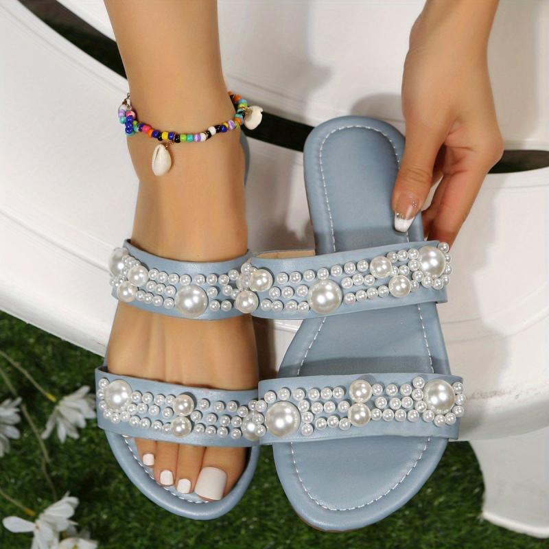 Women's Faux Pearl Flat Slides Double Band Open Toe Non Slip Shoes