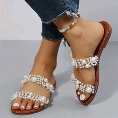 Women's Faux Pearl Flat Slides Double Band Open Toe Non Slip Shoes