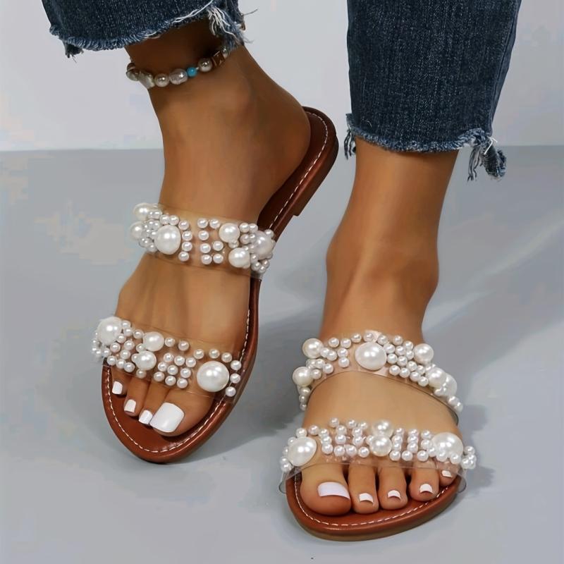Women's Faux Pearl Flat Slides Double Band Open Toe Non Slip Shoes