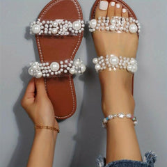 Women's Faux Pearl Flat Slides Double Band Open Toe Non Slip Shoes