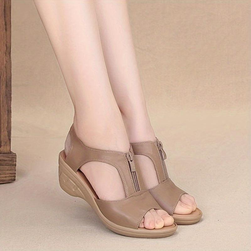 Women's Wedge Heeled Open Toe Sandals Front Zipper Cut out Slingback
