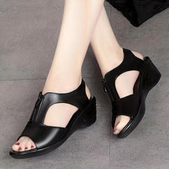 Women's Wedge Heeled Open Toe Sandals Front Zipper Cut out Slingback
