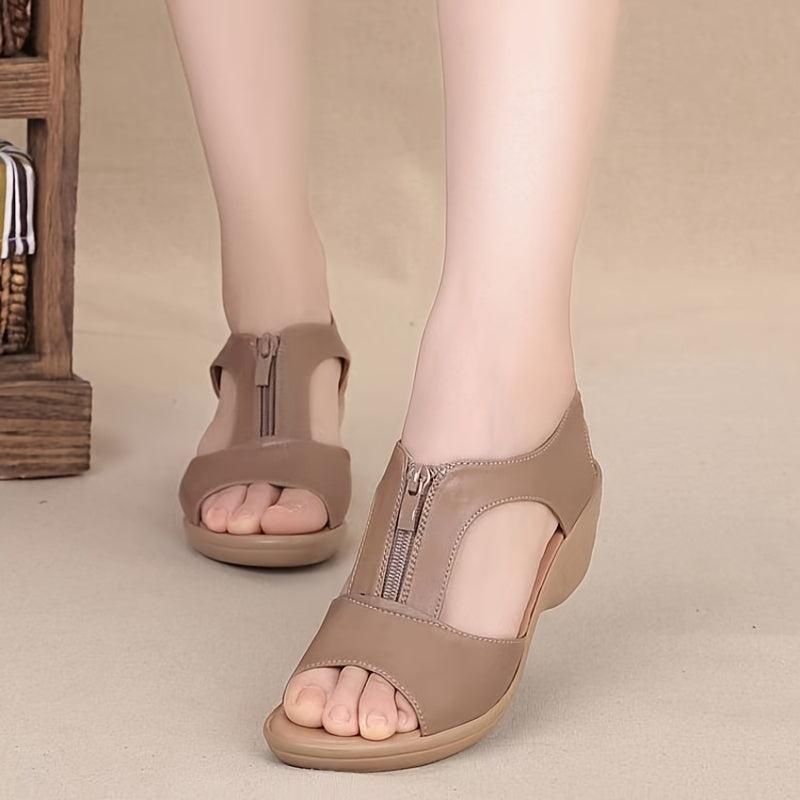 Women's Wedge Heeled Open Toe Sandals Front Zipper Cut out Slingback