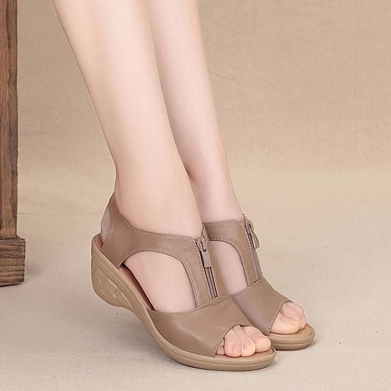 Women's Wedge Heeled Open Toe Sandals Front Zipper Cut out Slingback