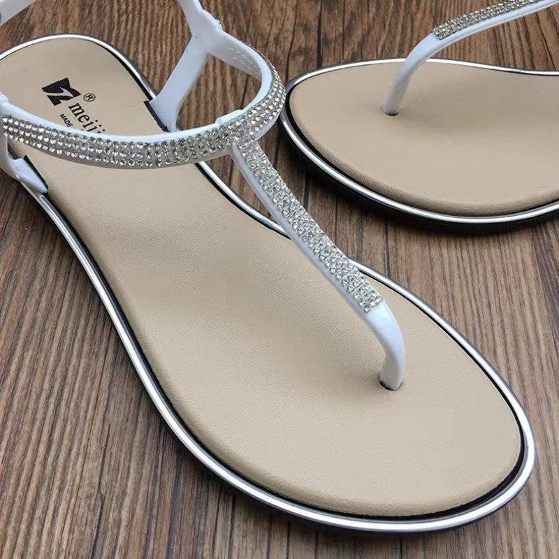 Rhinestone Flip Flops w/ Ankle Strap & Buckle Flat Sandals