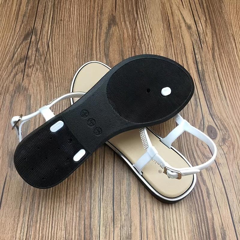 Rhinestone Flip Flops w/ Ankle Strap & Buckle Flat Sandals