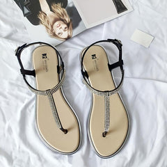 Rhinestone Flip Flops w/ Ankle Strap & Buckle Flat Sandals