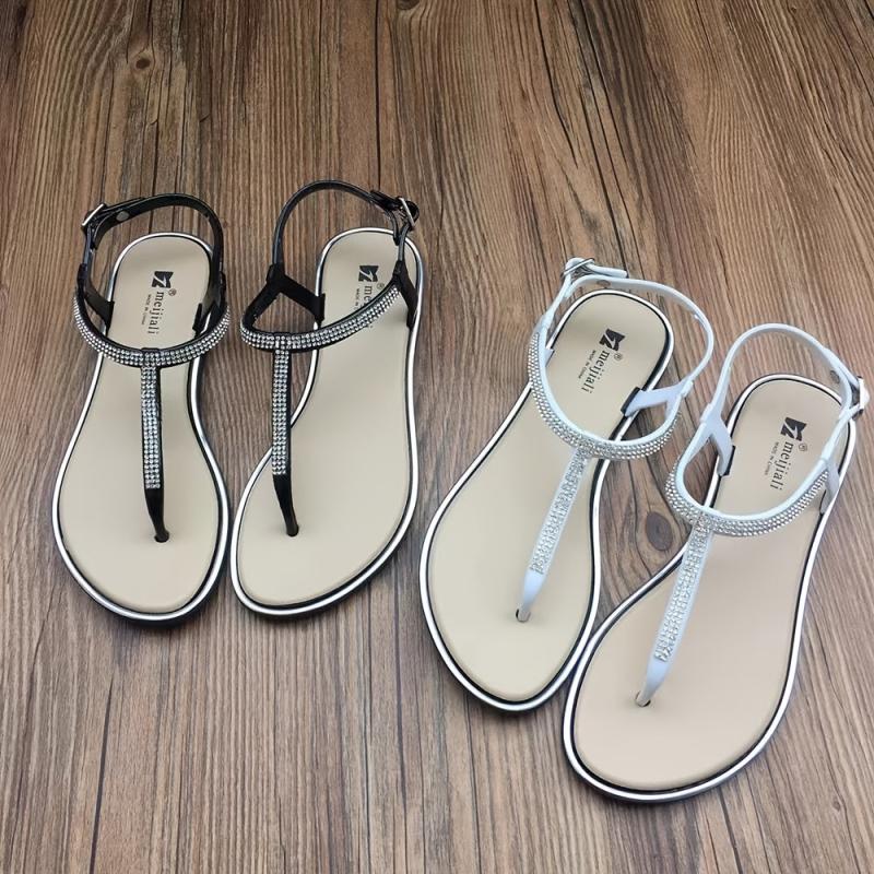 Rhinestone Flip Flops w/ Ankle Strap & Buckle Flat Sandals