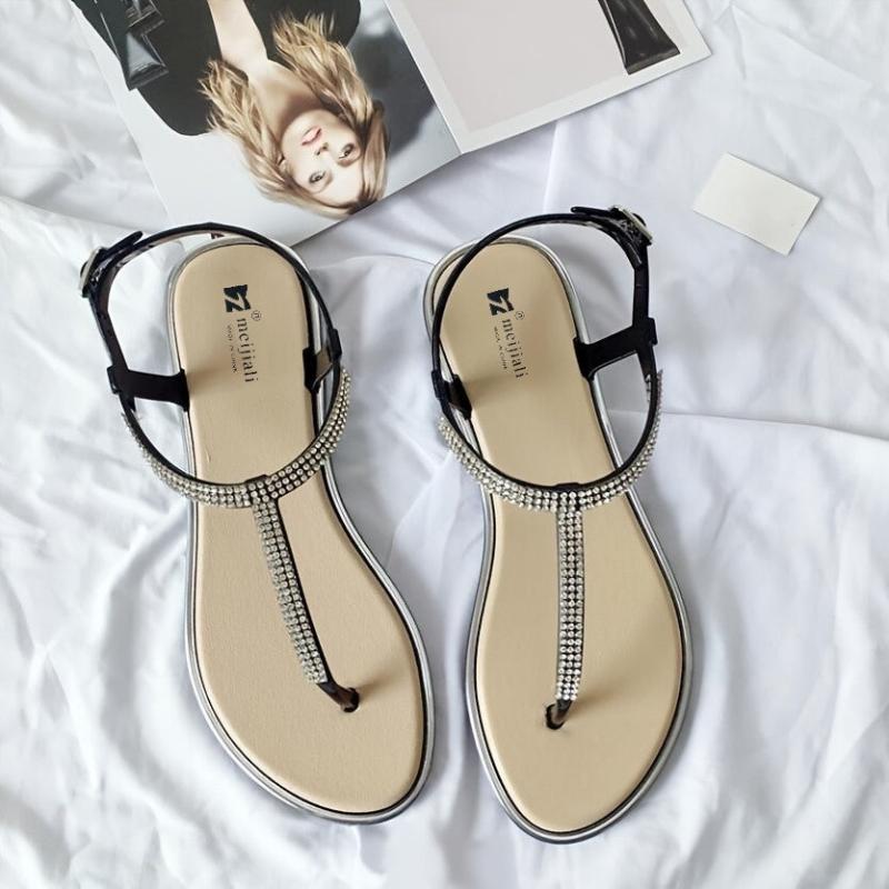 Rhinestone Flip Flops w/ Ankle Strap & Buckle Flat Sandals