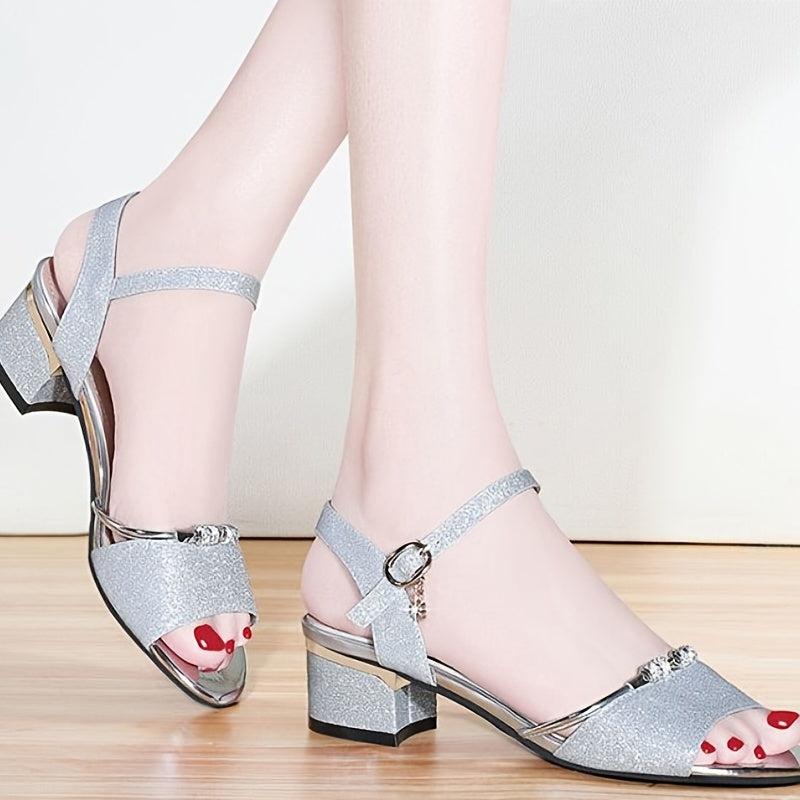 Glitter Sequins Block Heel Sandals Peep Toe Rhinestone Buckle Strap Low Heels