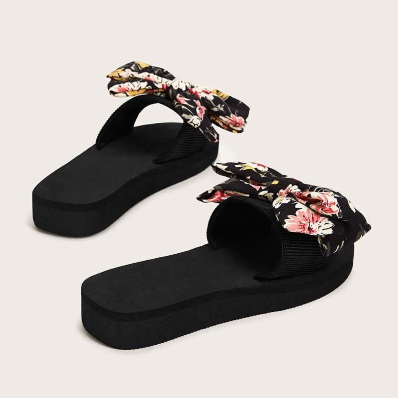 Floral Print Bow Tie Slippers Open Toe Platform Slides