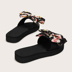 Floral Print Bow Tie Slippers Open Toe Platform Slides
