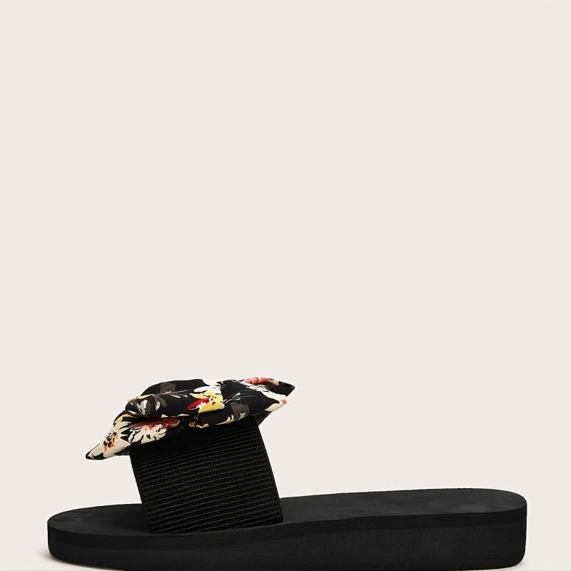 Floral Print Bow Tie Slippers Open Toe Platform Slides