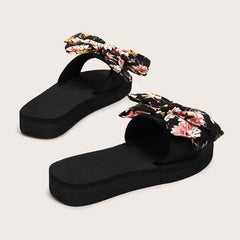 Floral Print Bow Tie Slippers Open Toe Platform Slides