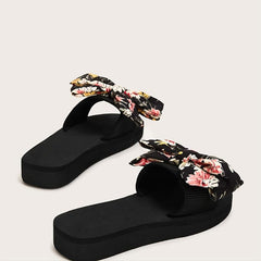 Floral Print Bow Tie Slippers Open Toe Platform Slides
