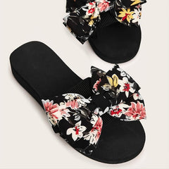 Floral Print Bow Tie Slippers Open Toe Platform Slides