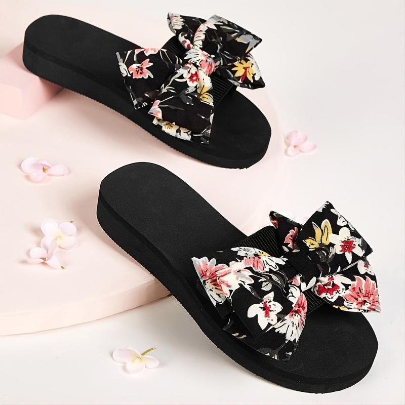 Floral Print Bow Tie Slippers Open Toe Platform Slides