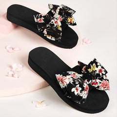 Floral Print Bow Tie Slippers Open Toe Platform Slides
