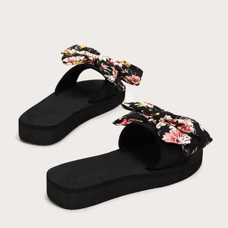 Floral Print Bow Tie Slippers Open Toe Platform Slides