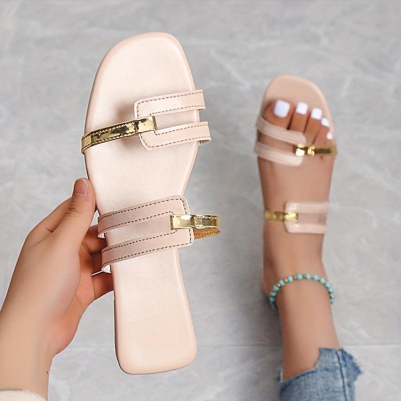 Women's Square Open Toe Flat Slippers Non Slip Cut out Faux Leather Slide Shoes