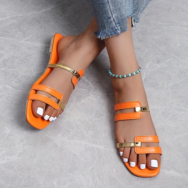 Women's Square Open Toe Flat Slippers Non Slip Cut out Faux Leather Slide Shoes