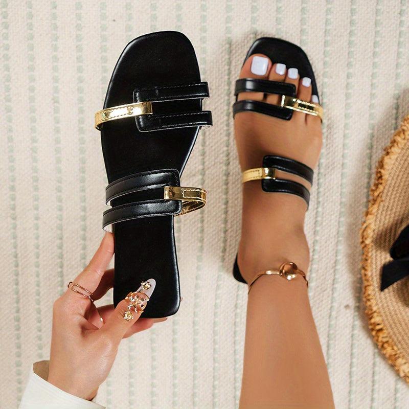 Women's Square Open Toe Flat Slippers Non Slip Cut out Faux Leather Slide Shoes