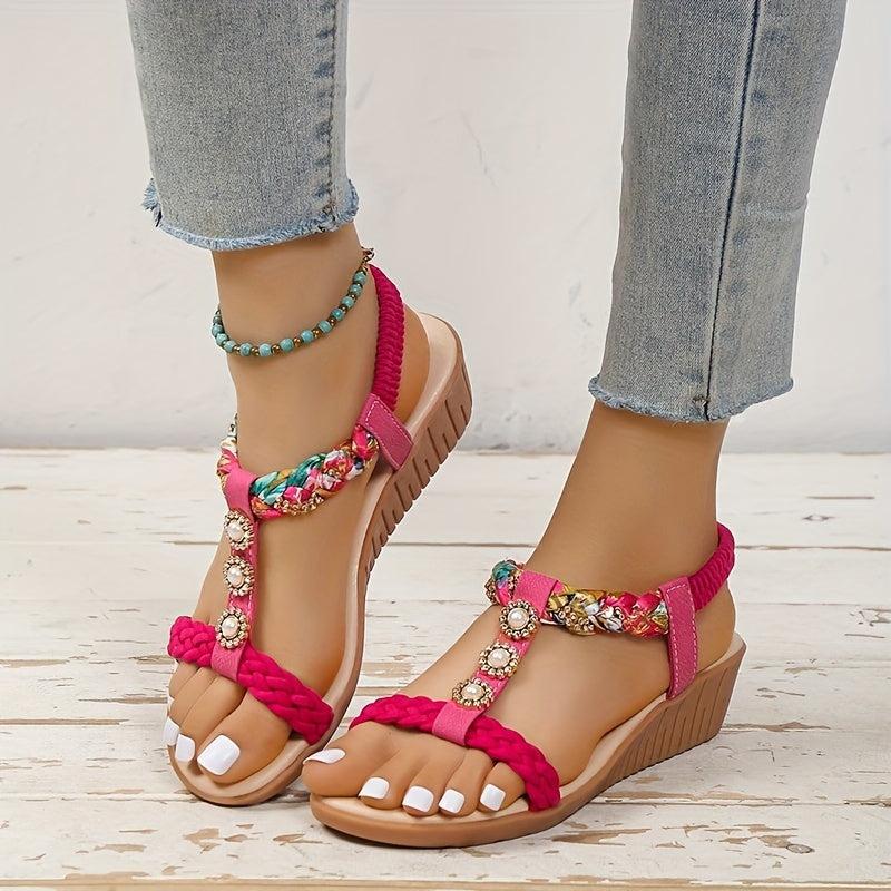 Boho Wedge Sandals Pearl Decor Braided Strap Slip On Beach Sandals