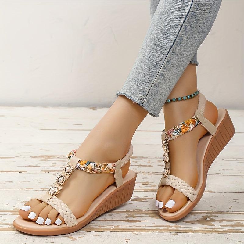 Boho Wedge Sandals Pearl Decor Braided Strap Slip On Beach Sandals