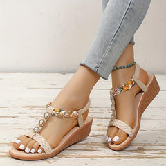 Boho Wedge Sandals Pearl Decor Braided Strap Slip On Beach Sandals