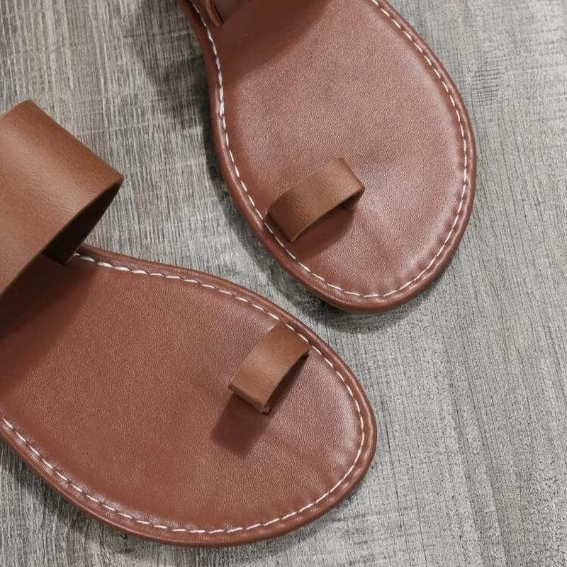 Women's Brown Toe Loop Sandals Flat Comfy Slippers