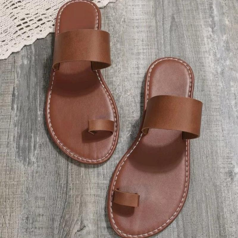 Women's Brown Toe Loop Sandals Flat Comfy Slippers