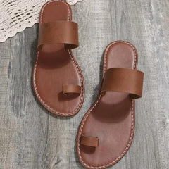 Women's Brown Toe Loop Sandals Flat Comfy Slippers