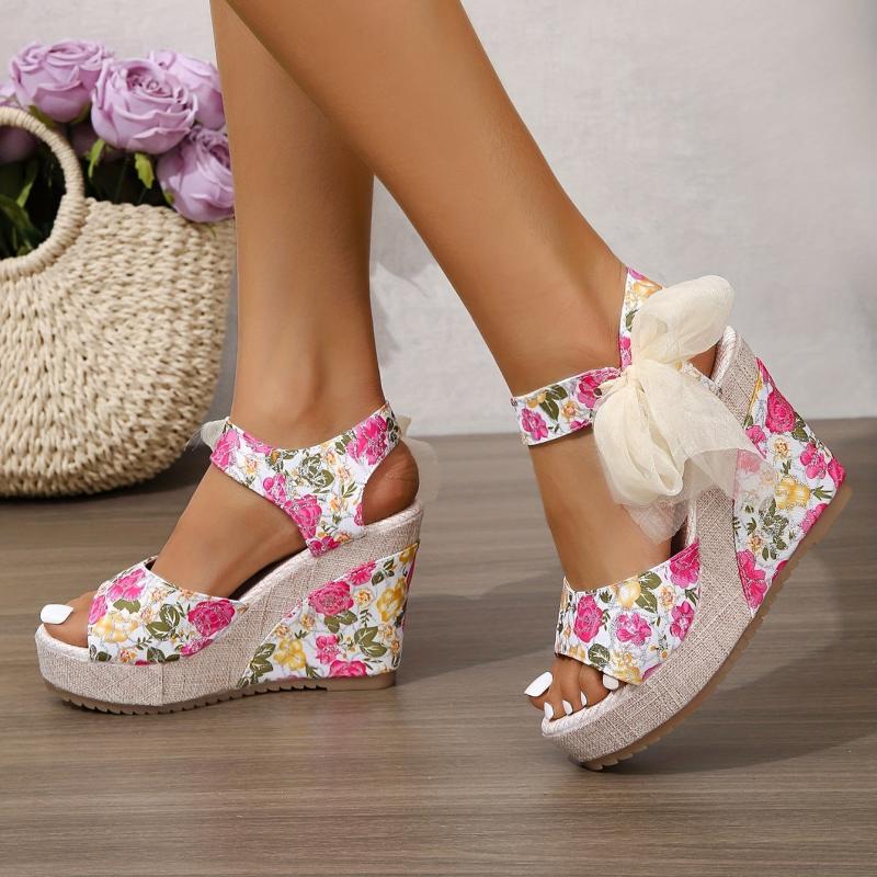Floral Platform Wedge Sandals Bowknot Open Toe Heels