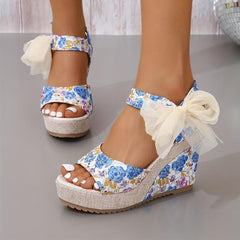 Floral Platform Wedge Sandals Bowknot Open Toe Heels