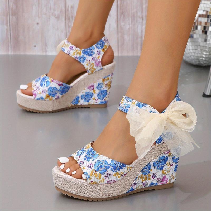 Floral Platform Wedge Sandals Bowknot Open Toe Heels