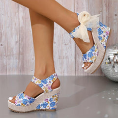 Floral Platform Wedge Sandals Bowknot Open Toe Heels