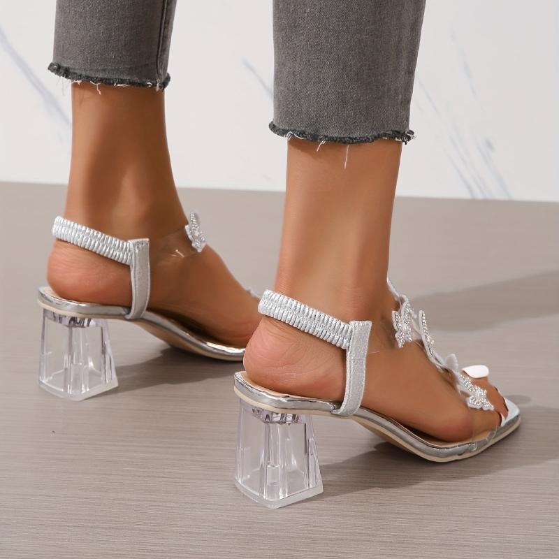 Chunky Heeled Sandals Butterfly Rhinestone Pearl Open Toe Mid Heels