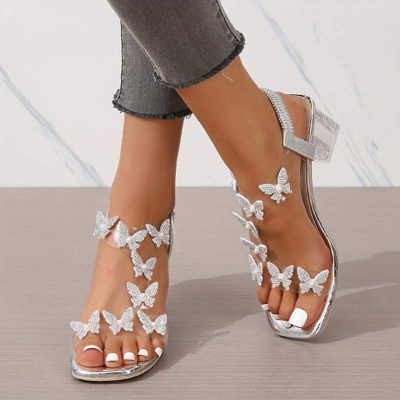 Chunky Heeled Sandals Butterfly Rhinestone Pearl Open Toe Mid Heels