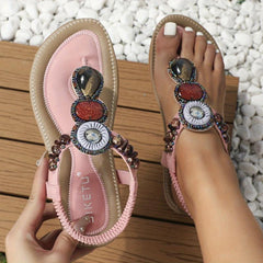 Boho Style Flat Sandals Open Toe Elastic Ankle Strap Comfy Flip Flops