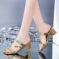 Rhinestone Chunky Heel Sandals Square Open Toe Slip On Mid Heels